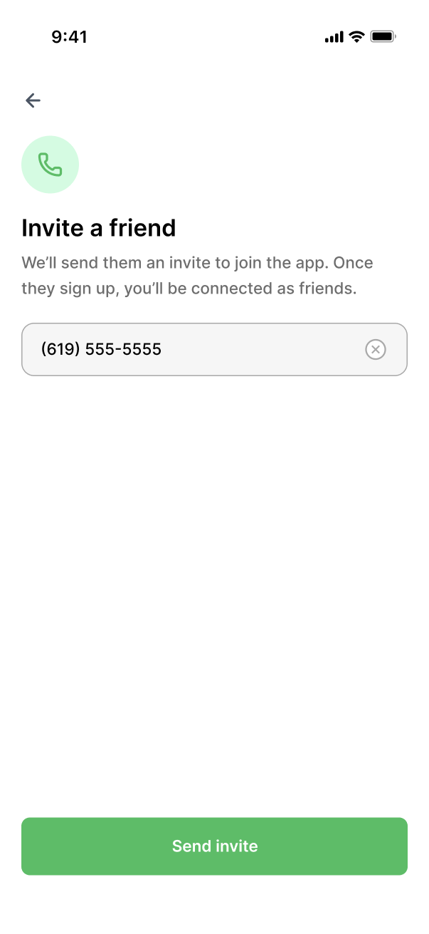 Invite a friend screen - phone number entered