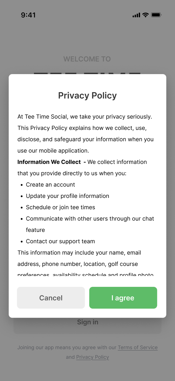 Privacy Policy acceptance screen during account registration