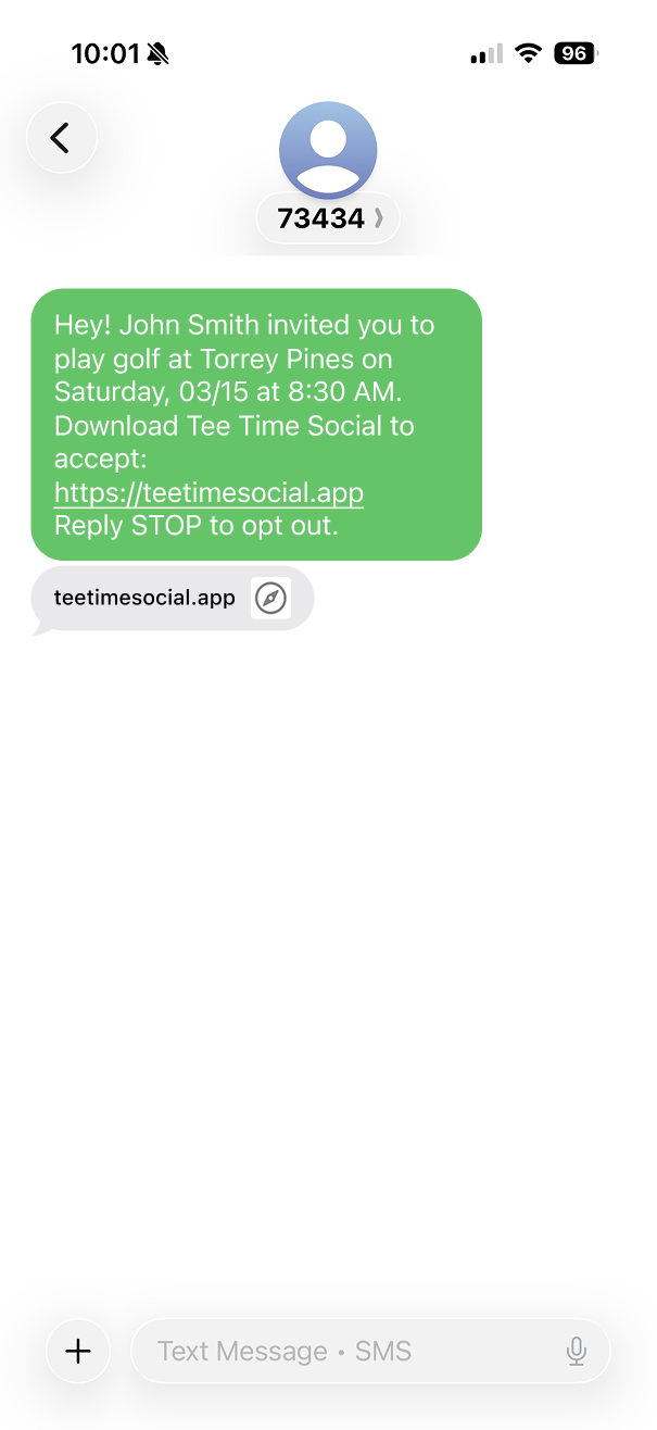 SMS message received by the invited friend showing opt-out instructions