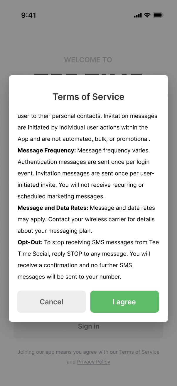 Terms of Service showing SMS Messaging Disclosure section